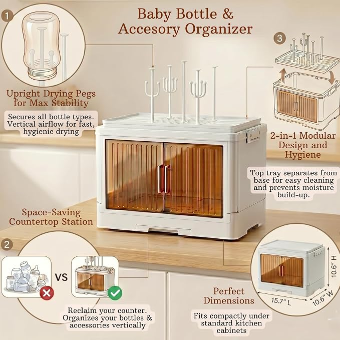 Vessy Baby Bottle Organizer for countertop with Drying Rack, Cover Dustproof Baby Bottle Storage Box Cabinet Station Essentials Clear Doors Plastic Storage Organizer White
