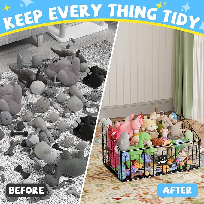 Kaiferty Indestructible Dog Toy basket, Large Toy Bin for Dogs,Pet Toy Bin Dog Metal Basket Organizer Storage for Toys Food Storage (Black)