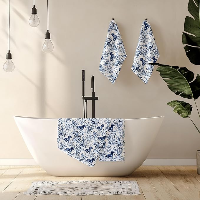 Chinoiserie Dachshund Kitchen Towels Set of 4,Blue and White Floral Botanical Dachshund Decorative Dish Tea Towels, Grandmillennial Weiner Dog Hand Towels for Kitchen Bathroom, 16x24 Inch
