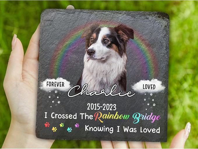 Wrappiness Pet Memorial Stone - I Crossed The Rainbow Bridge, Personalized Dog Memorial Gifts, Remembrance Condolences Bereavement Gifts for Loss of Pet Custom Photo (Square 04, Stone)