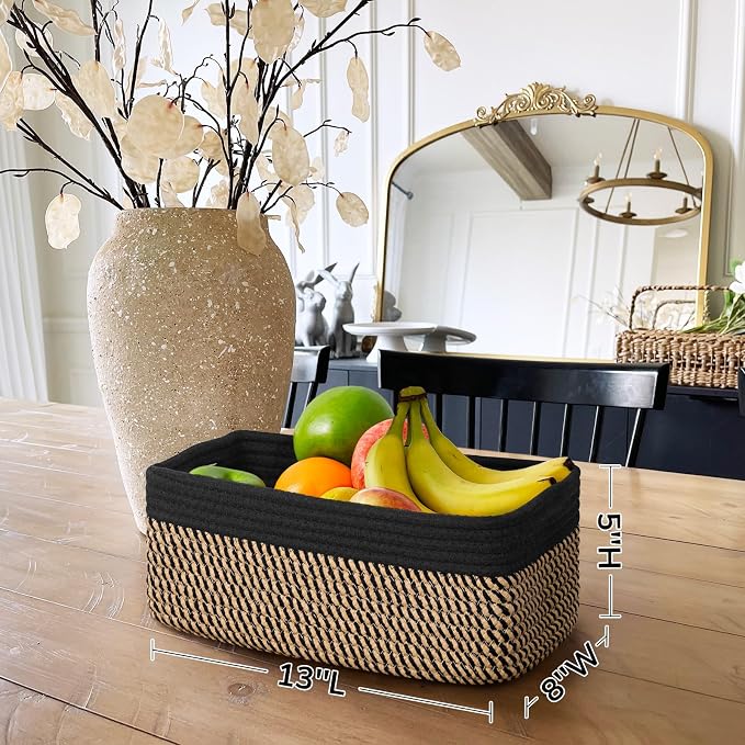 Goodpick 3-Pack Wicker Storage Baskets for Shelves, 13 x 8 x 5 in | Woven Baskets for Shelves, Closet Organizer Bins, Empty Baskets for Gifts,Woven Basket for Play Room, Black & Jute