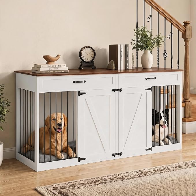 71'' Double Dog Crate Furniture for 2 Dogs, Dog Crate with 2 Drawer, Farmhouse Dog Crate with Removable Divider Dog Kennel Furniture, Heavy Duty Dog Cage and TV Stand for Large Medium Dogs