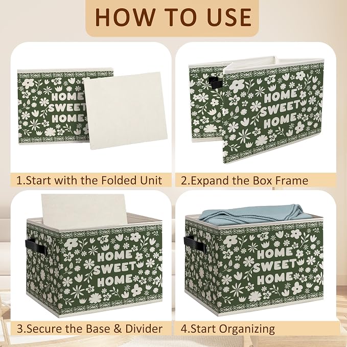 Home Sweet Home Floral Foldable Storage Bins Box with Handles, Housewarming Gifts, Cottagecore Sage Green Botanical Flower Decorative Storage Boxes Baskets Organizer for Bedroom Bathroom