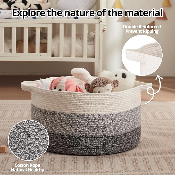 OIAHOMY 105L Extra Large Blanket Basket - Decorative Cotton Rope Storage Basket for Bedroom, Living Room & Nursery - Woven Laundry Hamper for Organizing Blankets, Clothes & Toys - Gradient Grey