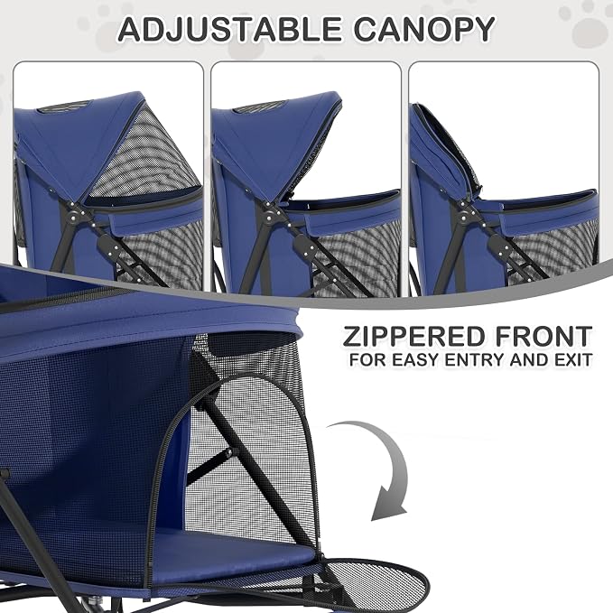 MoNiBloom Pet Stroller for Small/Medium Dogs & Cats Holds 22 lbs, Navy Blue | Foladble 4 Wheels Easy-Fold Puppy Cage Jogger Stroller with Sun Cover, Pad and Rear Storage Bag, Breathable and Visible Mesh