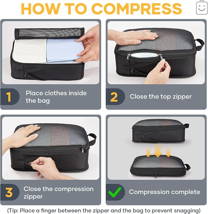 Veken 6/9/11 Set Compression Packing Cubes Garment Bags for Travel Essentials,Compressible Expandable Luggage Organizer Bags for Clothing,Space Saver Bags with Over 1000 pcs of Mesh Holes(Black)