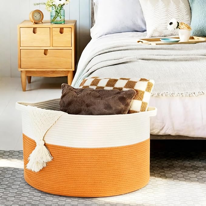 MEGASKET Large Orange Storage Basket, 22"x14" Soft Woven Cotton Rope Storage Bin, Decorative Dog Kid Toy Box, Big Blanket Basket for Living Room Bedroom, Round Basket for Shoes, Towels, and Decoration