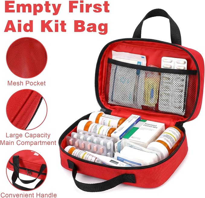 10 Pieces Empty First Aid Bag, Compact First Aid Kit Bag Empty with Dual Handles, Red Oxford Fabric Medical Pouch for Home, Car, Camping, Hiking, Travel Emergency