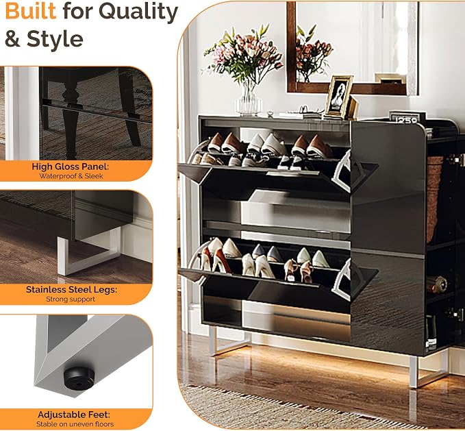 VINGLI Black Shoe Cabinet with LED Lights, Narrow Shoe Storage Organizer with 2 Flip Drawers & Side Cabinet for Tall Boots, Slim Entryway Hidden Shoe Rack Space Saving, Modern High Gloss, 42"