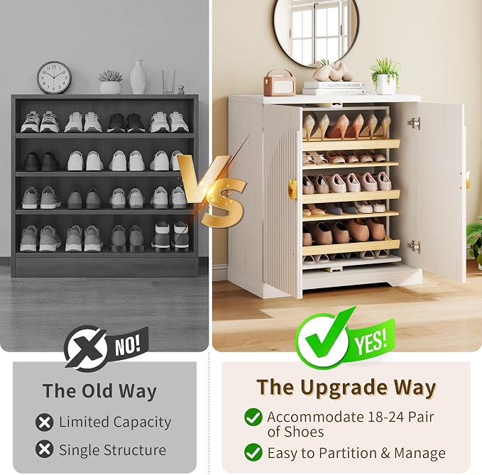Vlsrka Rotating Shoe Storage Cabinet with Doors and 6 Tier Shelves, White | Suitable for 18 Pairs Shoe Organizer, Freestanding, Pull Out Shoe Rack, Wooden Entryway Cabinet for Hallway, Closet, Indoor