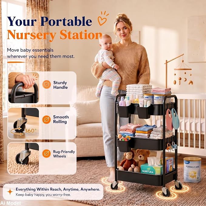 3 Tier Rolling Cart Metal with Wheels, Black Three Tiered Art Cart Organizer on Wheels, Storage Utility Trolley Carts for Kithcen, Craft, Nail, Lash, Makeup, Salon,Bedside, Bathroom, Office, Snack