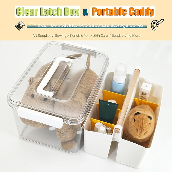 Craft Caddy with Lid and Lift-Out Portable Caddy, Orange | Art Supply Storage, Adjustable Dividers, Clear Storage Organizer, Teacher Supplies, Markers & Brushes, Stackable 11x8x7 in
