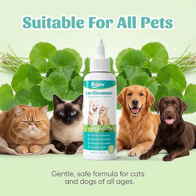 Cabishy Ear Cleaner for Dog Cat Ear Drops Wax Removal with Centella Asiatica No Irration, No Alcohol, Non-Medicated Pet Ears Wash Cleaning Solution Itch Relief Soothing Deodorizing Itchy Ears 4oz
