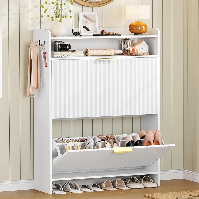 Fluted Shoe Storage Cabinet for Entryway with Adjustable Shelves | 9.45"Deep,Freestanding Shoes organizer,Adjustable & Removable Shelves,2 Hooks,Anti-tip Device,White