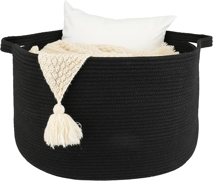 XUANGUO Extra Large Cotton Rope Round Storage Basket 22" x 14" Black | Woven basket for blankets, toys, towels, laundry, nursery, living room and pet toy storage.