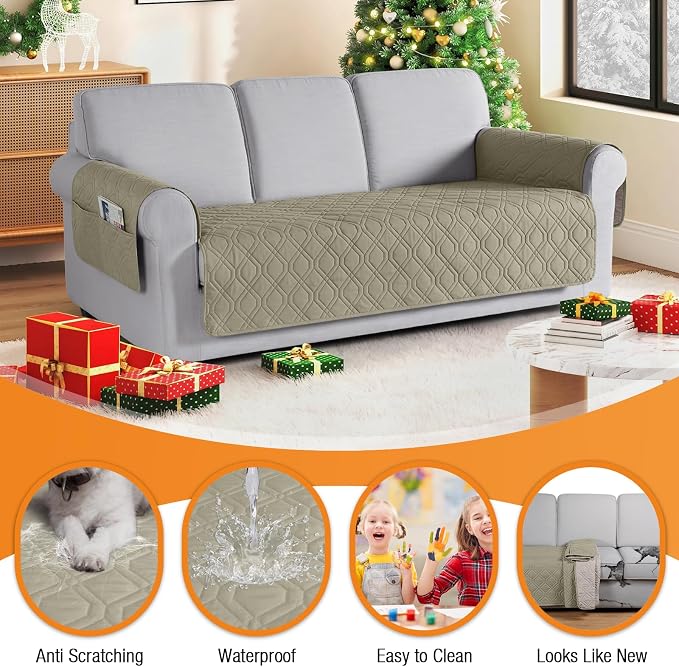 VANSOFY Waterproof Couch Cover for Pets, Taupe, 67.3" | Non-Slip, Washable, Utility Pockets, Pet Friendly, Furniture Protector Slipcover for 3 Cushion Couch
