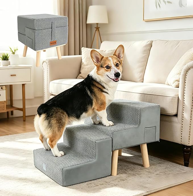 2-in-1 Dog Stairs & Ottoman, 4-Step Dog Ramp for Couch & Sofa | Dog Ramp for Bed, High-Density Foam & Wood Board Support, Side Storage Pocket, Foldable, 170 lbs, Machine Washable, Grey