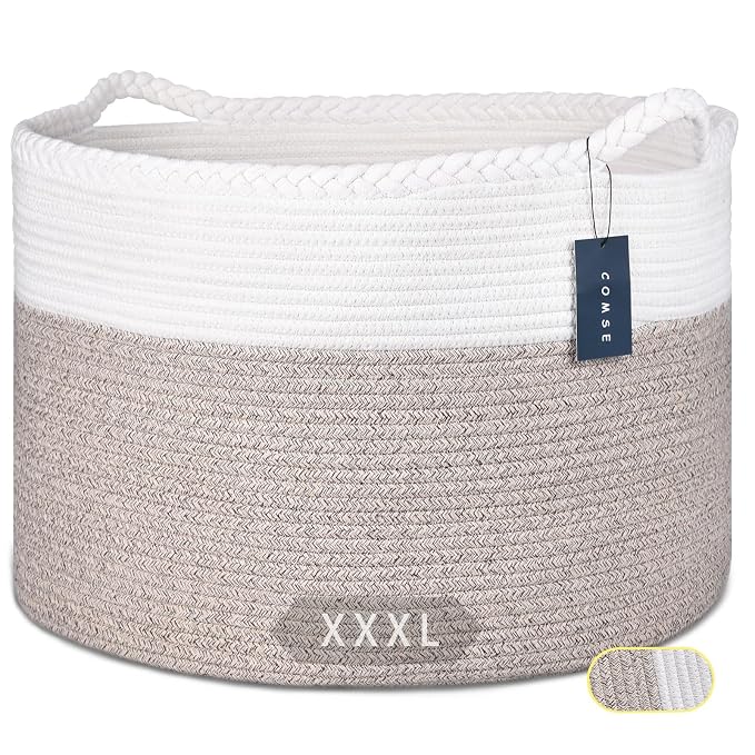 COMSE XXXLarge Woven Blanket & Laundry Basket, 87L, White & Light Brown | 21.7" x 13.8", Cotton Rope, Nursery Hamper for Storage of Toys Clothes Towels, Ideal for Living Room Bedroom Bathroom