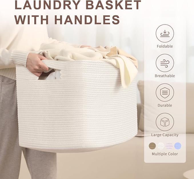 100L Extra Large Woven Laundry Basket Hamper with Handles, White | collapsible wicker hamper, storage for dirty clothes, toys, blankets, gifts, living room, bedroom, bathroom, 24"x16"x16"