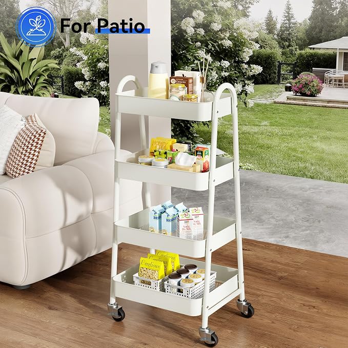 OLIXIS Metal 4 Tiers Rolling Storage Utility Cart with Lockable Wheels | Mobile Organizer Shelf, Space-Saving, Freestanding, Bathroom, Living Room, Slim, Narrow Corner Spaces, White