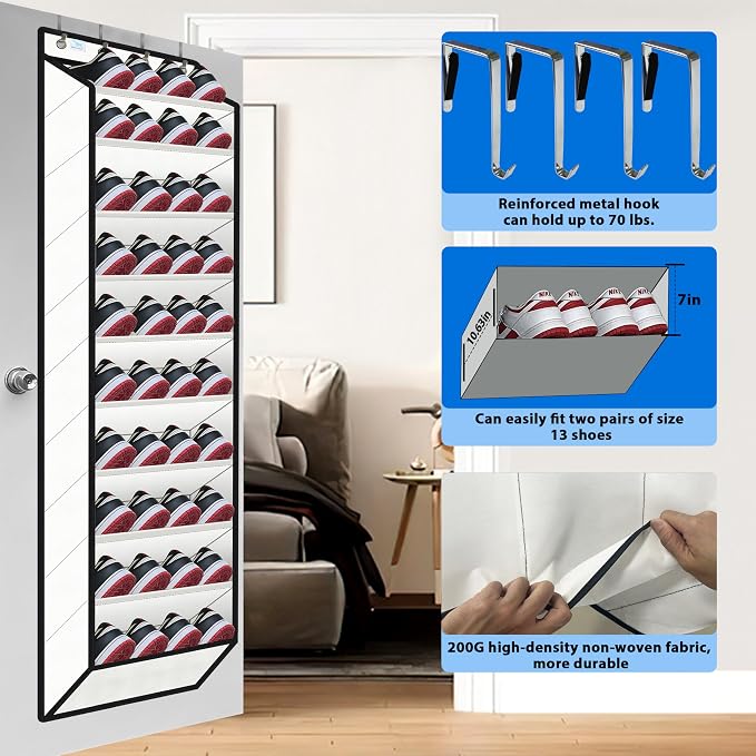10 Tiers Shoe Organizer for Closet, 20 to 30 Pairs Shoe Rack Door | Extra Deep Pockets Over the Door Shoe Organizer for Dorm and Back Door, Heavy Duty Anti-Scrath Hanging Hooks Shoe Storage