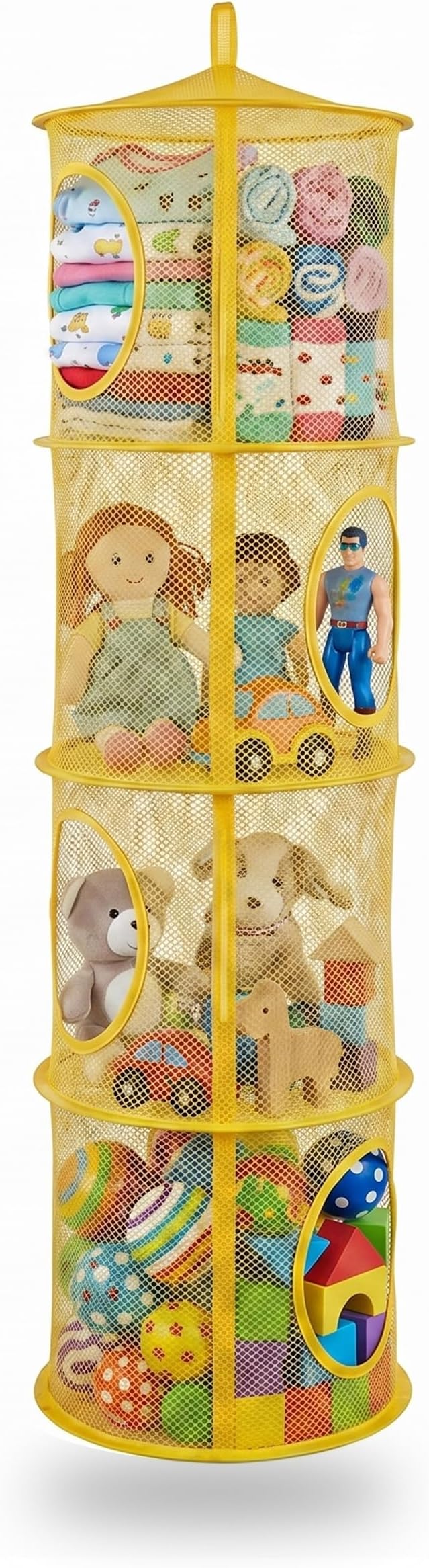 Hanging Stuffed Animal Storage Hammock Net 4 Tiers, Yellow | Hanging Mesh Storage Organizer for Kids Room, Holds Plushies, Gloves, Hats, Socks, Foldable Space-saving Design
