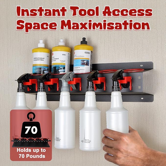 Spray Bottle Holder Wall Mount, 22Pcs Car Detailing Bottle Holder Rack Set | Heavy-Duty Detailing Organizer with Clips Hooks Brushes, Garage Van Workshop Steel Rack for Aerosol Cans, Van, Workshop Tool