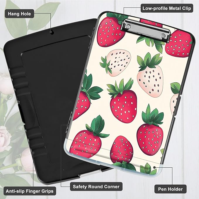 A4 Clipboard with Storage Pen Holder, Clipboards Organizer Nursing Clipboard Foldable File Folder Plastic Clipboard Folio Clip Board for Office Work Classroom Doctor, Pink Strawberry