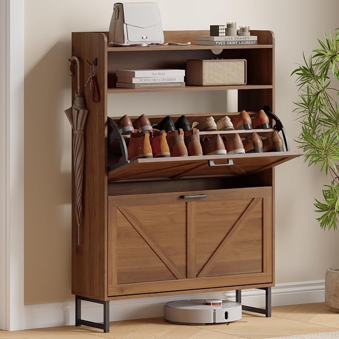 Xixini Shoe Storage Cabinet with 2 Flip Drawers, Entryway Shoe Rack, Walnut | Freestanding Narrow Shoe Storage, Hidden Slim Wood Shoe Organizer, Modern Farmhouse, Open Storage & Hooks for Closet, Hallway