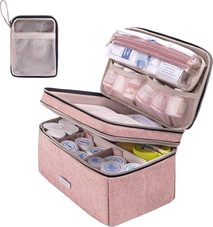 Lexeeco Travel Medicine Pill Bottle Organizer Bag with Portable Small Pouch | Medication Case with Lockable Zipper for Pill,Vitamin,Medicine Storage Box for College Dorm Student,Home,First Aid Bag Empty
