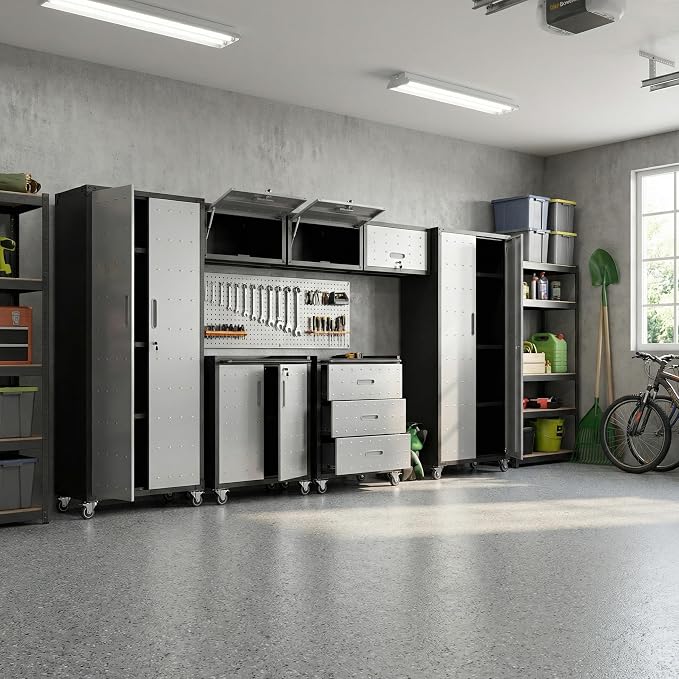 Garage Cabinet System | Heavy Duty Steel All-in-One Modular Garage Cabinet Set for Ultimate Workshop Organization | Easy Assembly Garage Storage Cabinets & Tool Bench