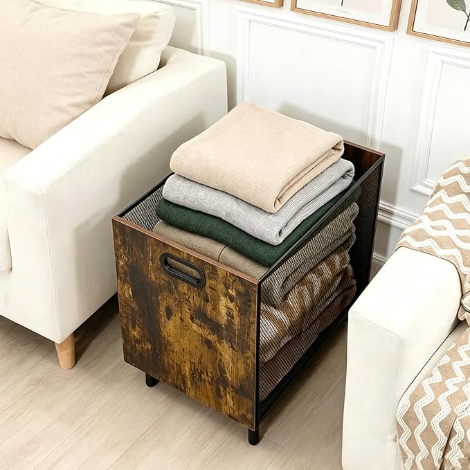 66L Blanket Basket, Laundry Basket Organizer With Rustic Industrial Design, Blanket Storage Basket For Living Room, Wood And Metal Mesh Construction