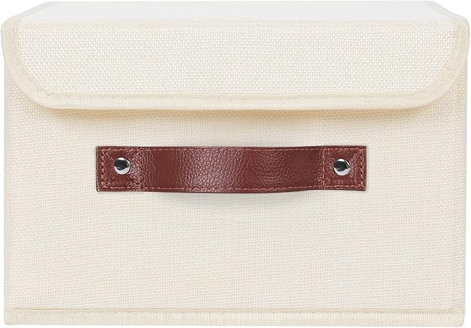 ANMINY Fabric Storage Box Bins with Lids, Beige, 13"x9"x7.9", 4 Pack | Keepsake Memory Storage, Cotton Linen, PP Board Reinforced, Washable, PU Handles, Foldable & Stackable, Decorative, Medium