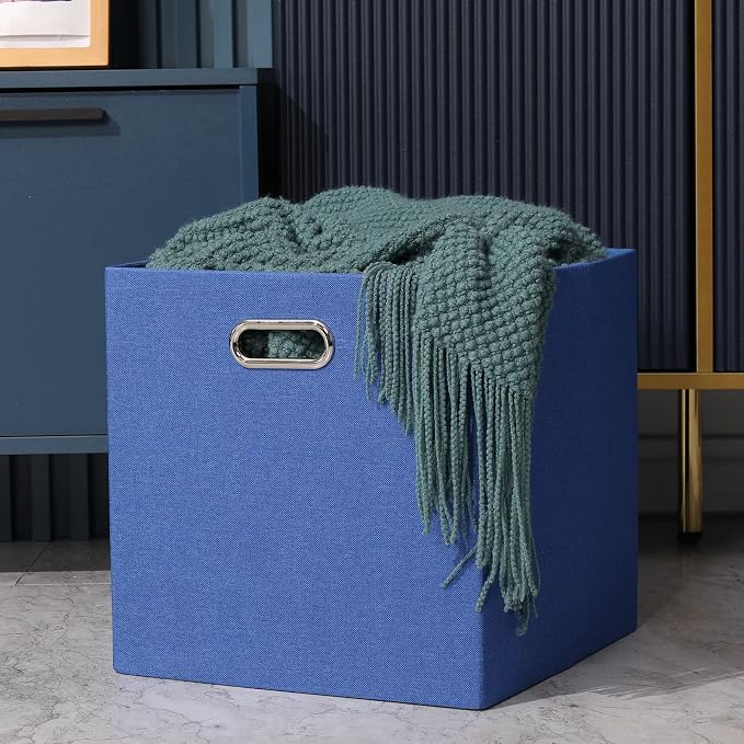13x13x13 Inch Foldable Cube Storage Bins with Metal Handles, 4 Pack | Navy Blue fabric organizer boxes|for closet, shelf, bookcase and bedroom|fold flat when unused