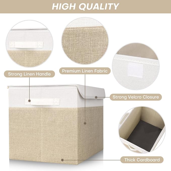 Large 42 Quarts Fabric Storage Bins with Lids [2-Pack] Linen Collapsible Foldable Baskets, Closet Organizer Containers boxes with Handles for Home Office (16.7 x 12 x 12, Beige & White)