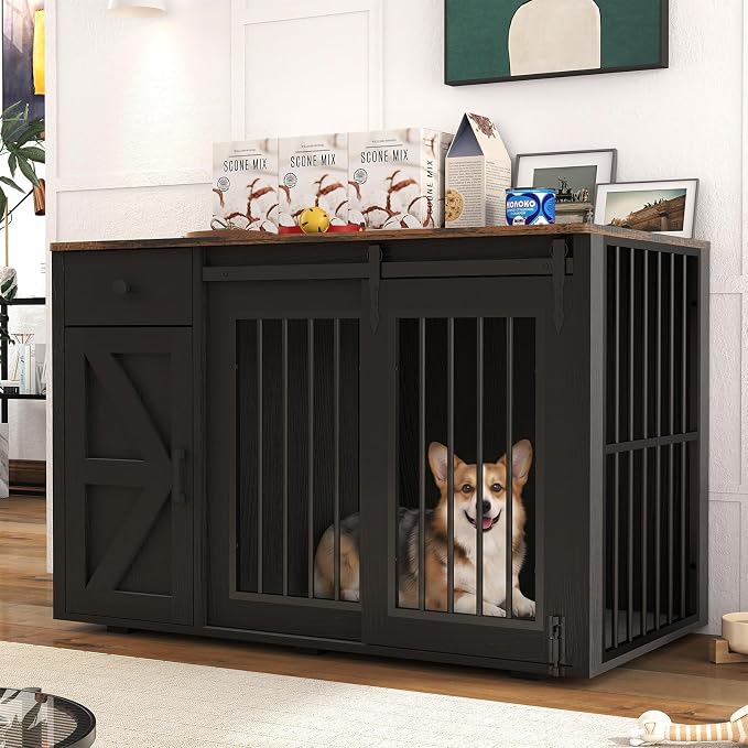 Verano Garden 44" Dog Crate Furniture, Dog Kennel (44" Left Facing Door) | 2-in-1, Lockable, Sliding Door, Removable Divider, Adjustable Shelf, Farmhouse, Heavy Duty, Small Medium Dogs, Black