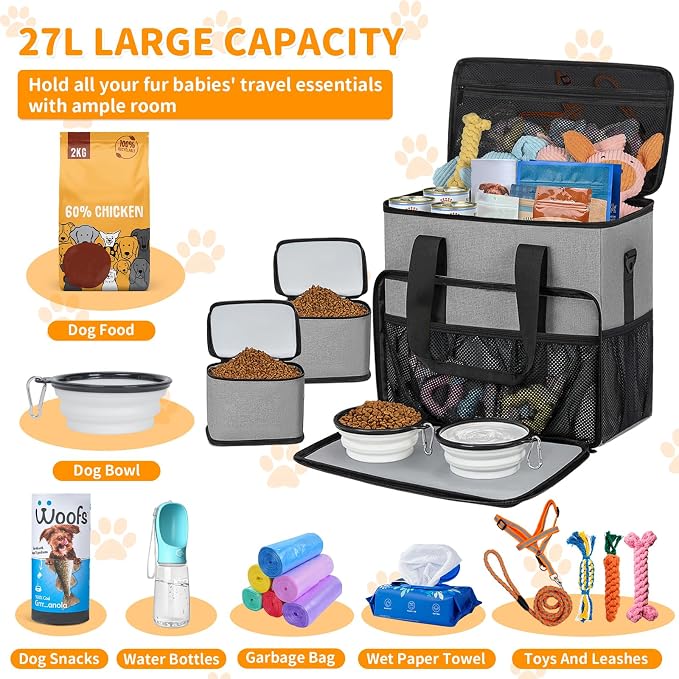 TORIBIO Large Dog Travel Bag for Supplies with Food Bowl | With 2 Food Container and Collapsible Bowls, Mat & Divider, Water-resistant, Pet Travel Kit for Weekend, Road Trips, Camping