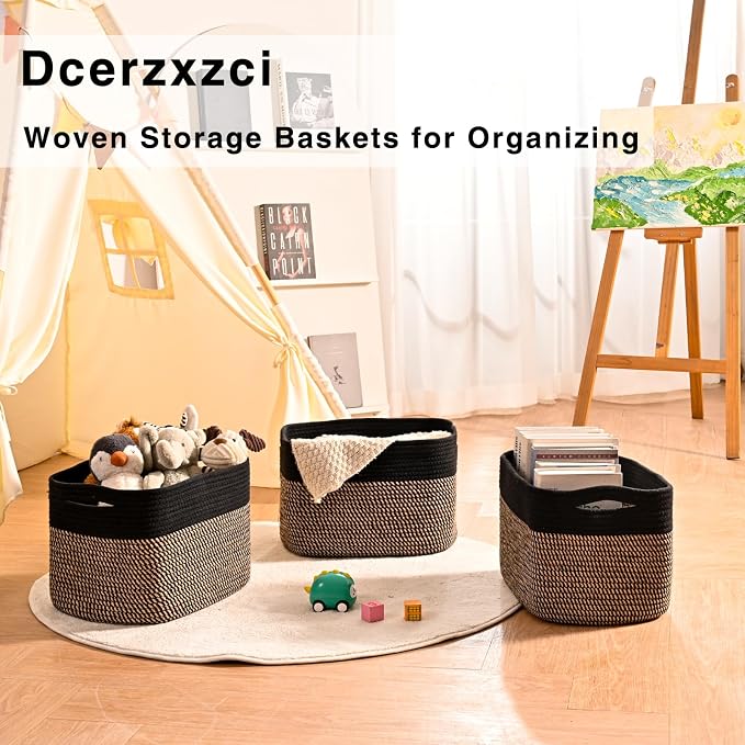 Storage Baskets for Organizing Shelves, Woven Cotton Rope Bins for Organization, Dog Toy Organizer for Shelf Living Room Bedroom, 14.8"×11"×9.5", Pack of 3, Black & Jute