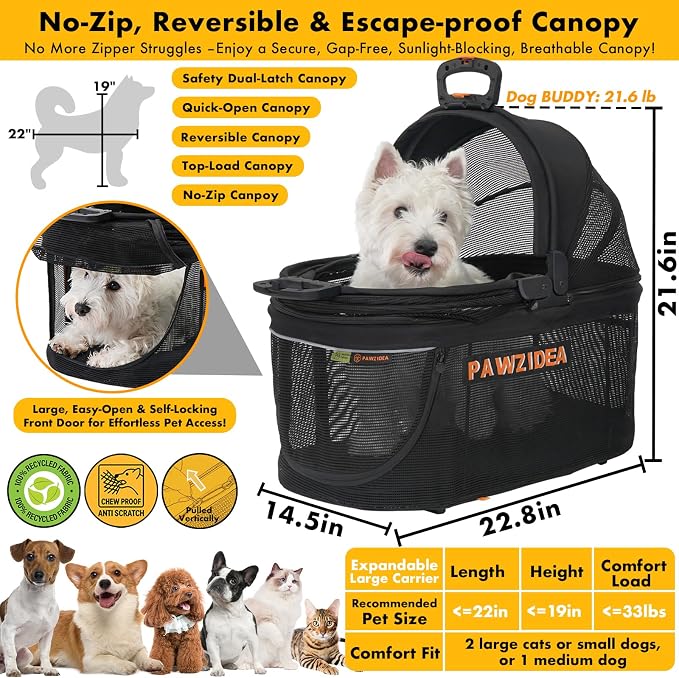 PAWZIDEA Portable Small Dog Crate for Car Travel Up to 33lbs, No-Zip Canopy | Enclosed Dog Car Seat Escape-Proof, Soft-Sided Small Medium Puppy Cats Car Kennel, Foldable Pet Carrier by Seatbelt, Top-Load