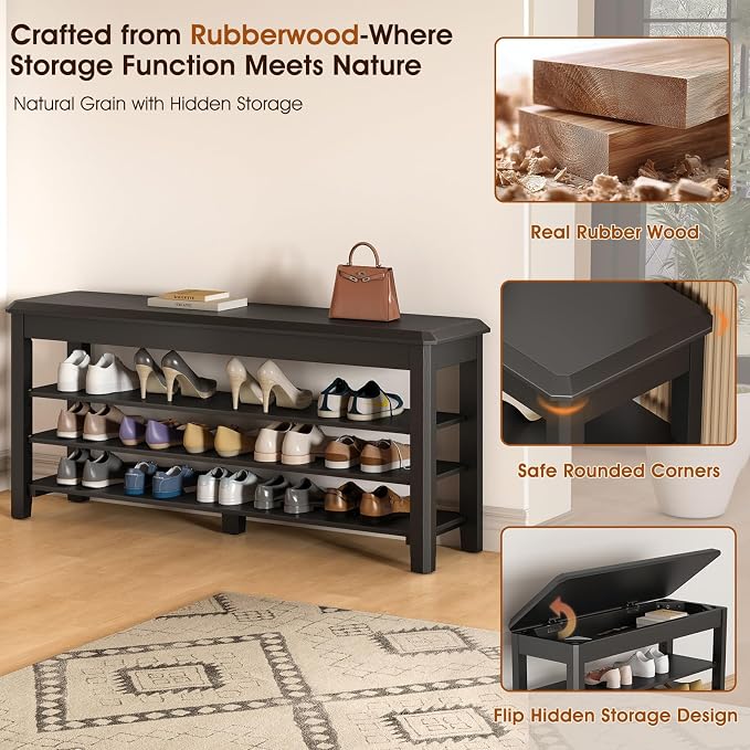 IUNVR Shoe Rack Bench Seat Rubberwood 3-Tier Wooden Storage Bench 550lbs Compact Mid-Century Modern Design for Entryway, Hallway, Closet, Front Door Entrance, Foyer
