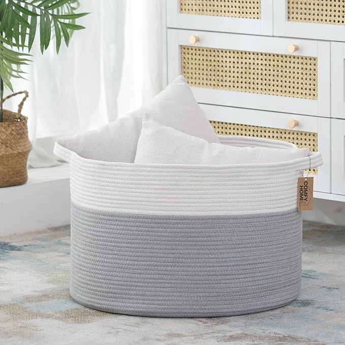 COMFY-HOMI XXXL Large Laundry Basket, Cotton Rope Nursery Woven Basket for Storage, Blanket Baskets Living Room Laundry Hamper, Dog Toy Storage Organizer, Home Decor-21''x21''x13.6''-White/Grey