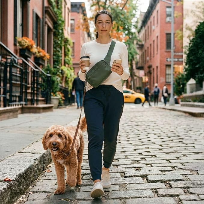 Crossbody Dog Walking Bag, Treat Pouch & Poop Bag Holder, Olive Green | Crossbody dog walking bag, hands-free. PEVA-lined treat pouch, poop bag holder, leash hook. Water-resistant, 4-50 in. strap