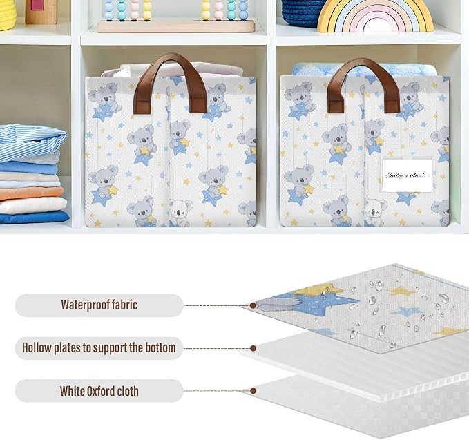 Cute Koala Picking Stars Storage Basket Foldable Cube Storage Bins with Handles&Label Waterproof Collapsible Organizer Box Bin Large Rectangle Decorative Baskets for Shelves Home Room Laundry-2 PC