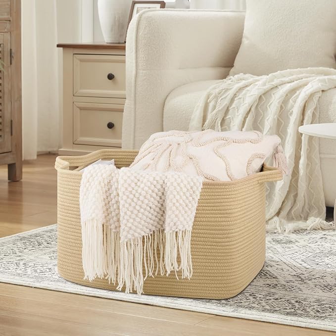 OIASKET Large Blanket Basket, Jute Blanket Storage Living Room, Rectangle Woven Baskets for Storage Toys, Towels, Dirty Clothes Organizer Bins (Jute)