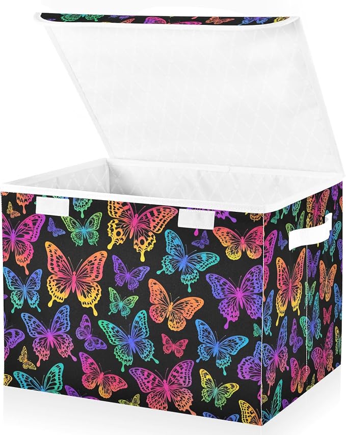 Colorful Butterfly Storage Bins with Lids Closet Bedroom 40L Fabric Bin | Decorative Storage Boxes, Foldable & Stackable, Dust-Proof Flip Top, Reinforced Handles, For Home & Dorm, Clothes & Toy Box