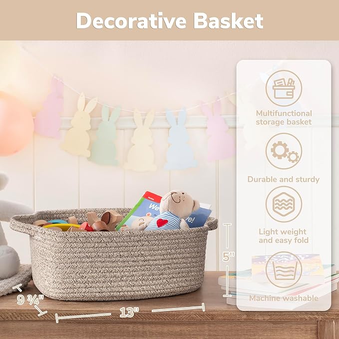 CHICVITA Small Woven Rope Gift Basket, Decorative Shelf Basket, Brown | 13" x 10" x 5" Storage Baskets for Toys, Diapers & Baby Essentials, Fits Nursery & Bathroom Organization, Built-In Handles