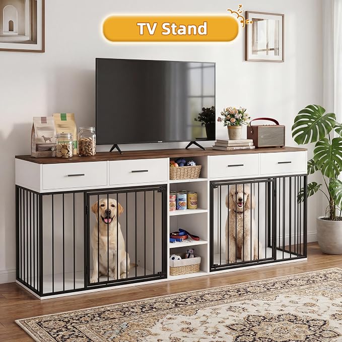 82 Inch Double Dog Crate Furniture for 2 Medium/Large Dogs, White | Extra Large Indoor Wooden Kennel, 4 Drawers & 4 Shelves, Heavy Duty Dog Crate TV Stand, Removable Divider