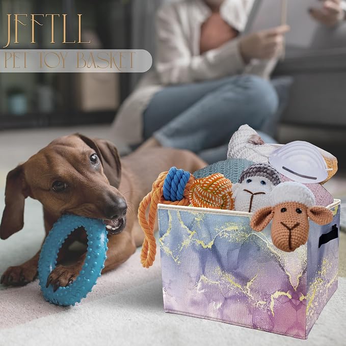 Blue Purple Marble Storage Bins with Handles, Abstract Modern Glitter Marble Texture Collapsible Laundry Basket Storage Box for Home Bedroom Bathroom Clothes Toys Books