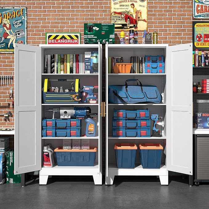White Metal Storage Cabinet, 61" Kitchen Pantry Cabinets for Office | Steel Kitchen Pantry Storage with Doors and 3 Adjustable Shelves, Metal Tool Cabinet, for Office, Home, Garage, School