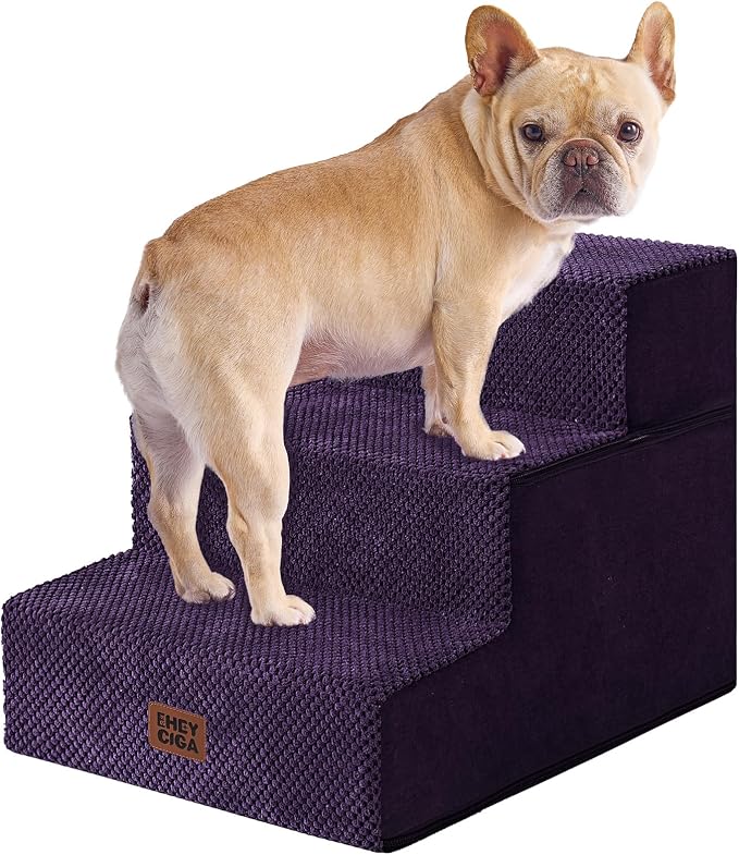 EHEYCIGA Dog Stairs for Small Dogs 13.5" H, 3-Step Dog Steps for Cats, Purple